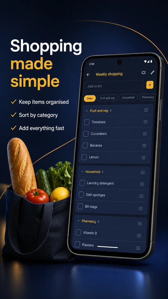 The 'Weekly shopping' list screen with items grouped into categories such as Fruit and veg, Household and Pharmacy, and an 'Add to list' field at the top. Caption: shopping made simple.