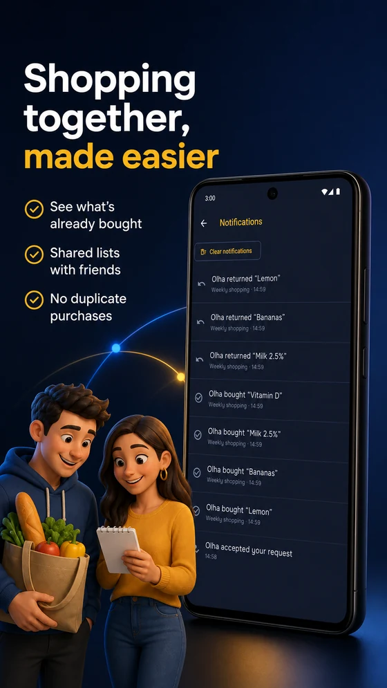 Notifications screen showing which items other members bought or returned, with the list name and the time of each action. Caption: shopping together, made easier.