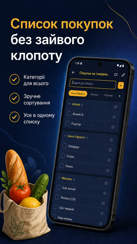 Екран списку «Покупки на тиждень»: товари згруповані за категоріями «Аптека», «Овочі й фрукти» та іншими, зверху поле «Додати до списку». Підпис «Список покупок без зайвого клопоту».